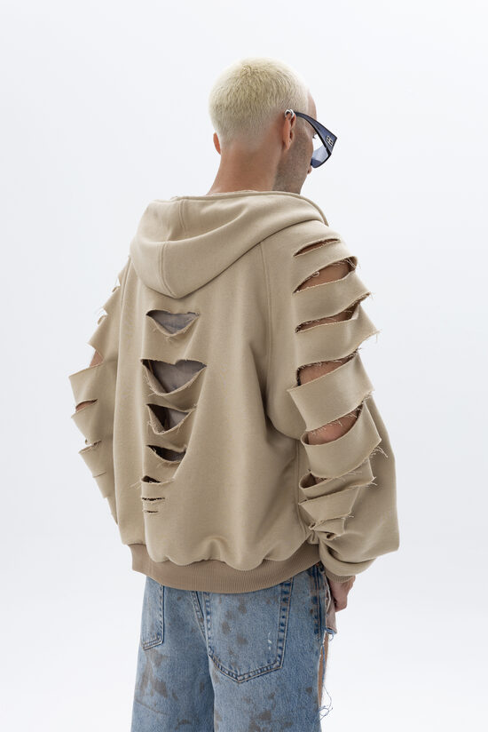 Zip-up hoodie in destroyed jersey