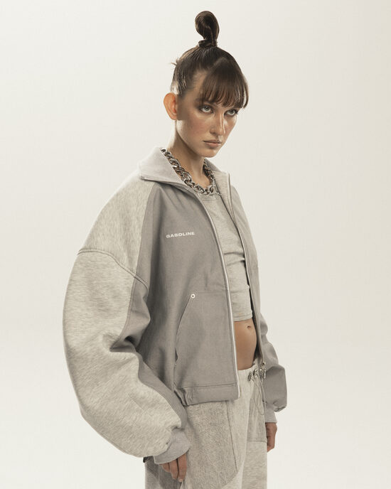 Zip-up sweatshirt with metallic details & denim